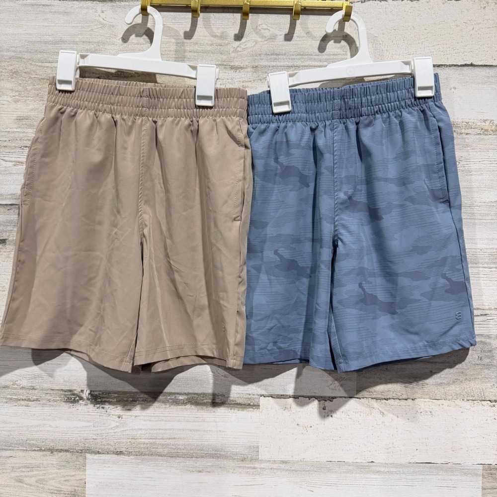 Layer Athletic Shorts Boys Medium Tan Blue Camo Active Performance EUC
